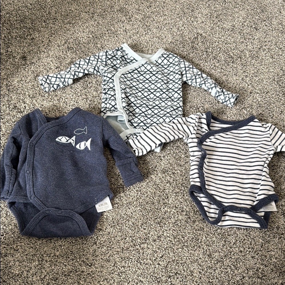 Set of 3 Newborn Baby Boy Navy and White Long Sleeve Button Up Onesies